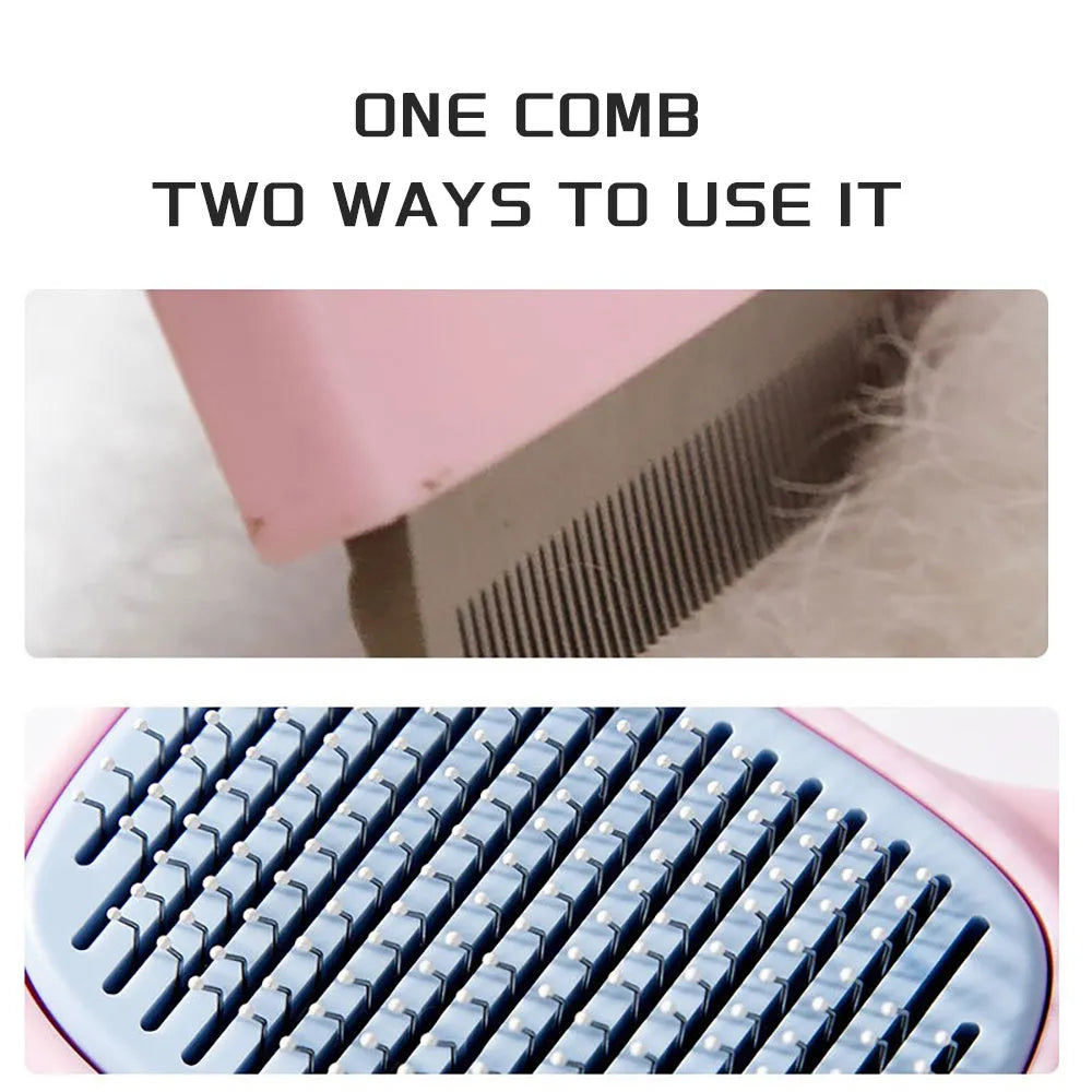 Blue double-sided pet grooming brush with deshedding rake and dematting comb