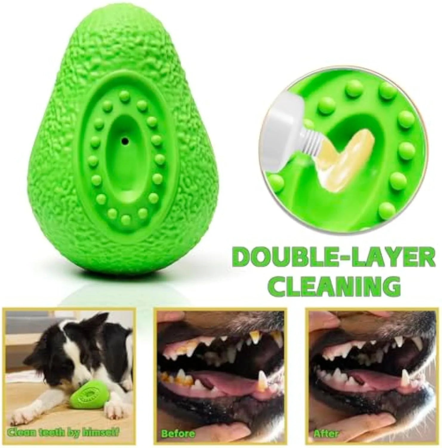 Green avocado-shaped rubber dog chew toy for aggressive chewers on white background