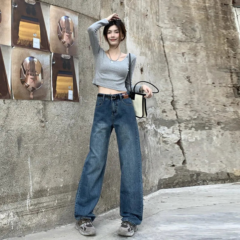 Women's retro blue high waist straight leg jeans in cotton denim showing three length variations