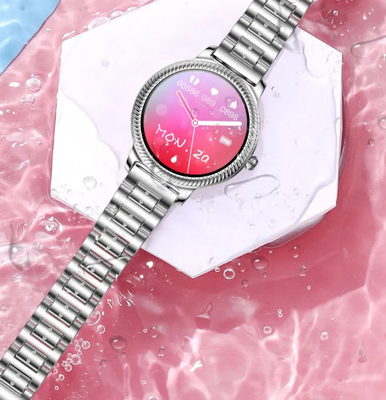 AK38 ladies smart watch with stainless steel band and 1.09-inch TFT display