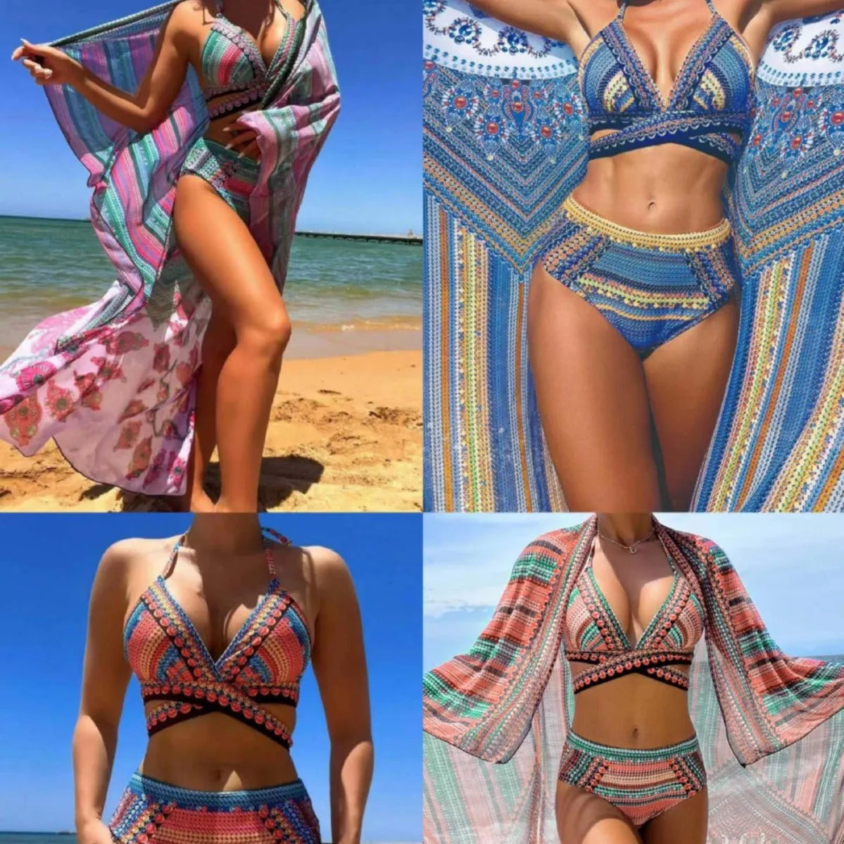 Women's blue high waist bandage bikini set with smock, bra, and briefs on a neutral background.