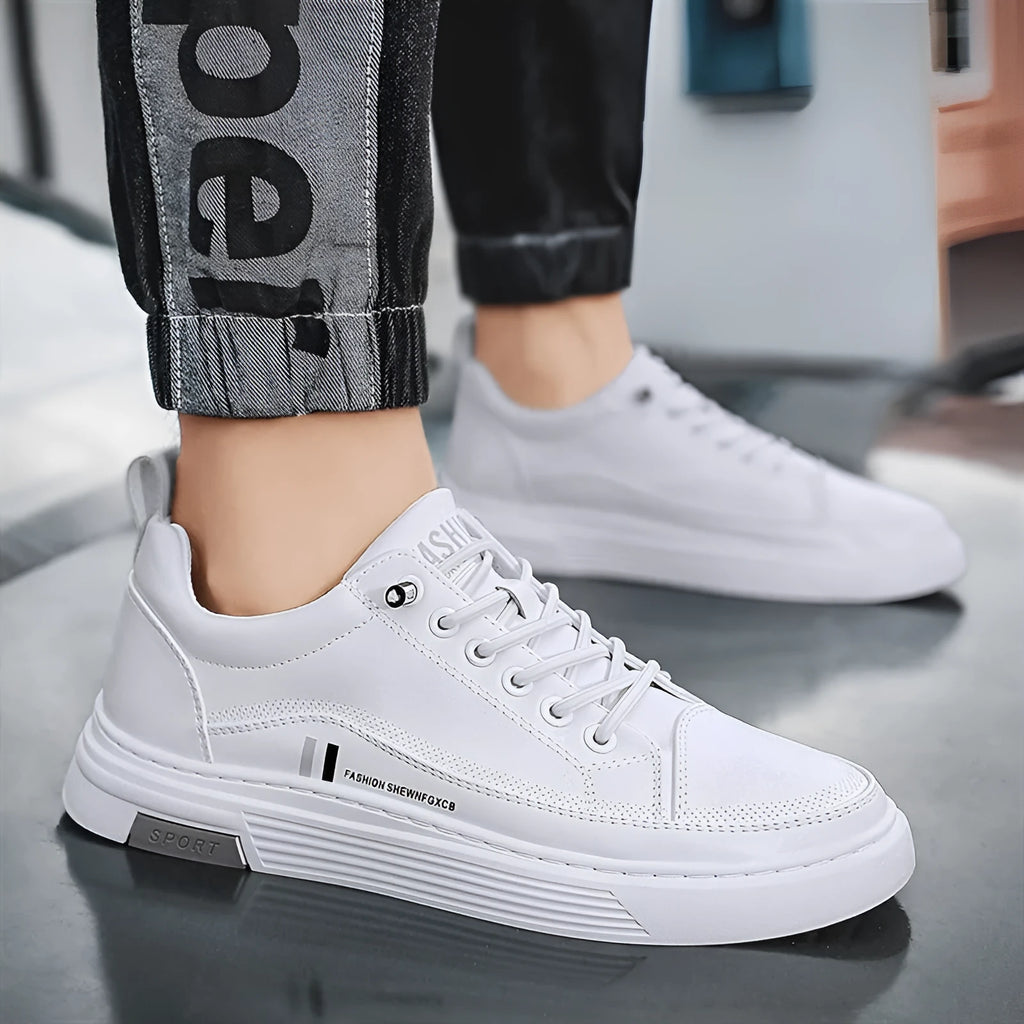 Men's low-top white skateboard shoes with elastic band closure and microfiber upper.