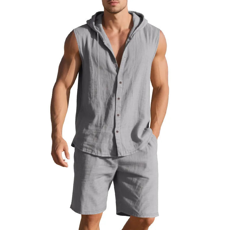Men's linen sleeveless shirt and shorts suit on a hanger, shown in a light colour.