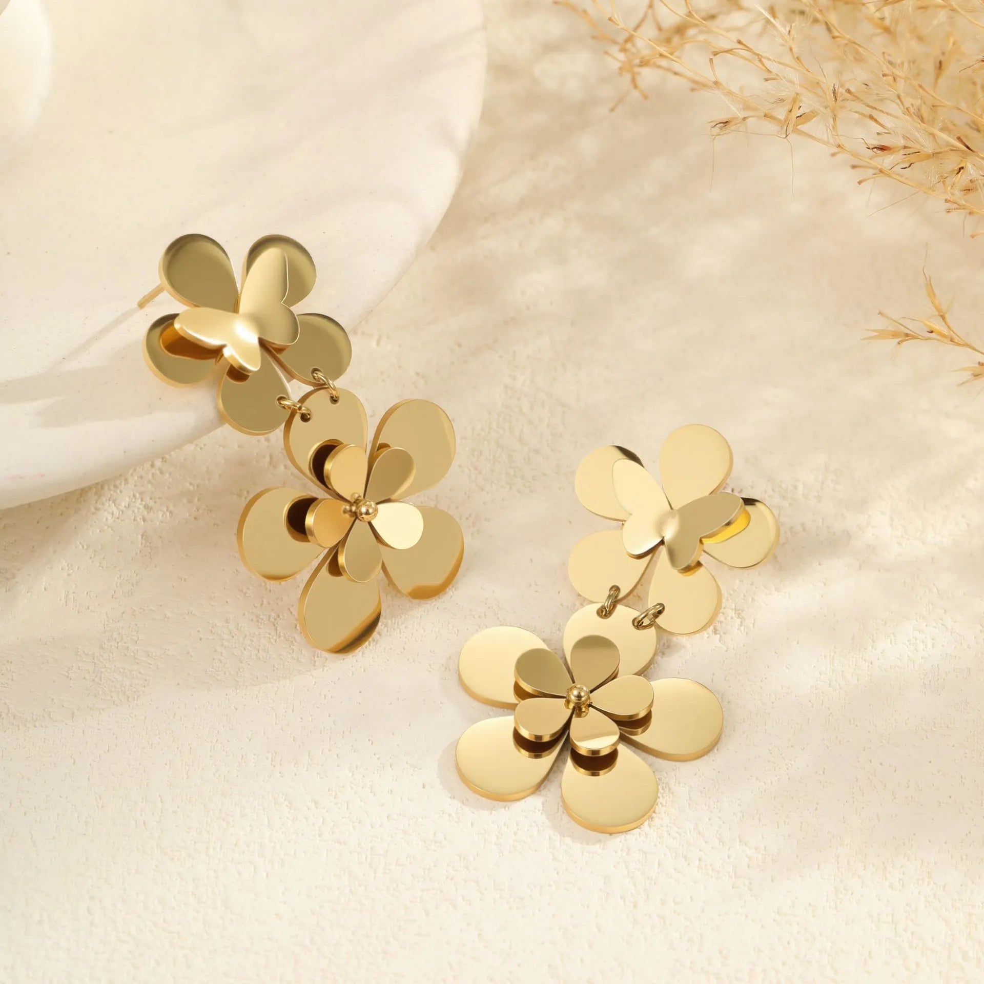 Gold flower butterfly stainless steel earrings with geometric zodiac designs for women
