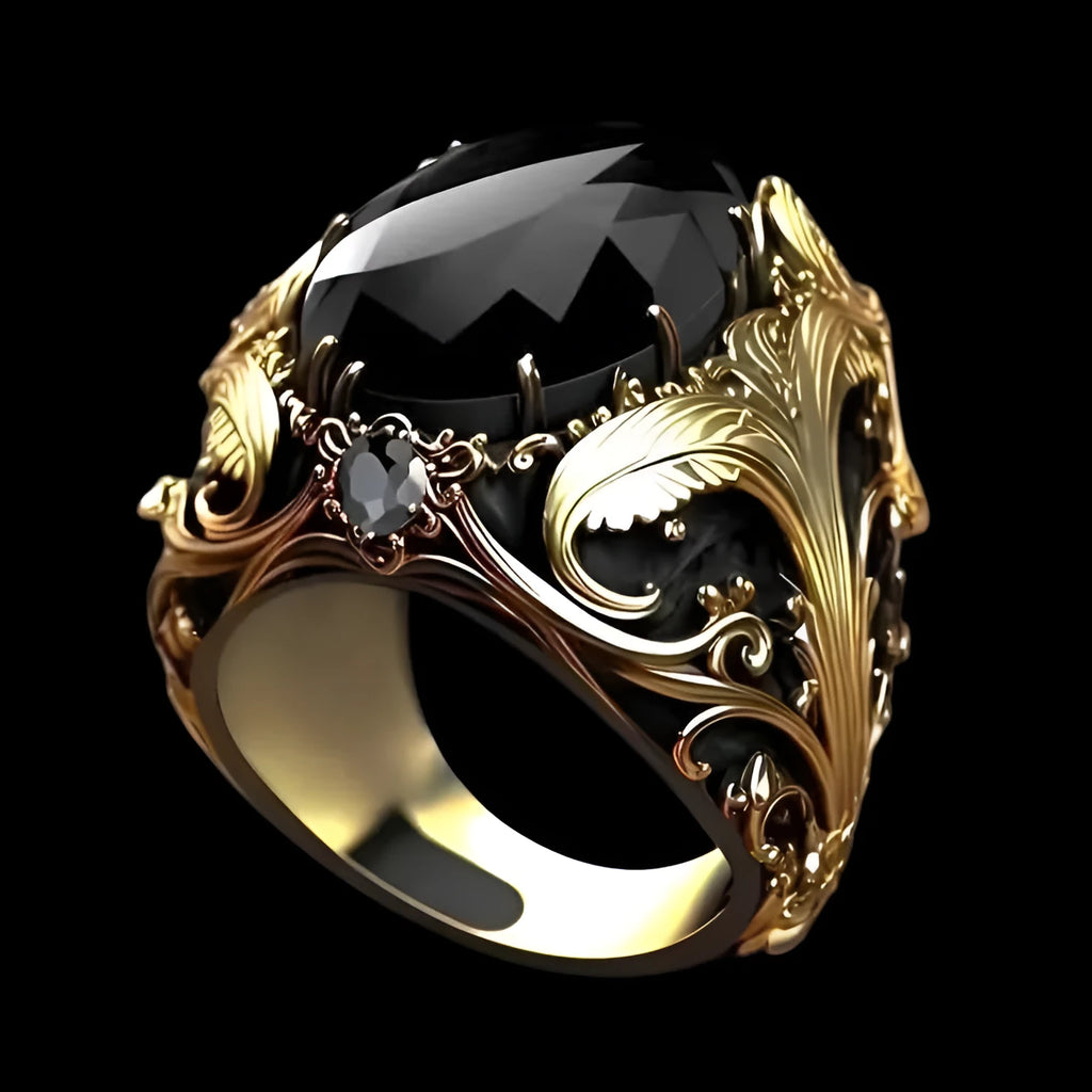 Silver men's wide face ring with geometric pattern and blue imitation gemstone detail.