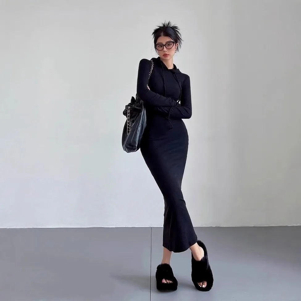 Women's grey hooded long sleeve sheath dress with high waist and knee-length cut