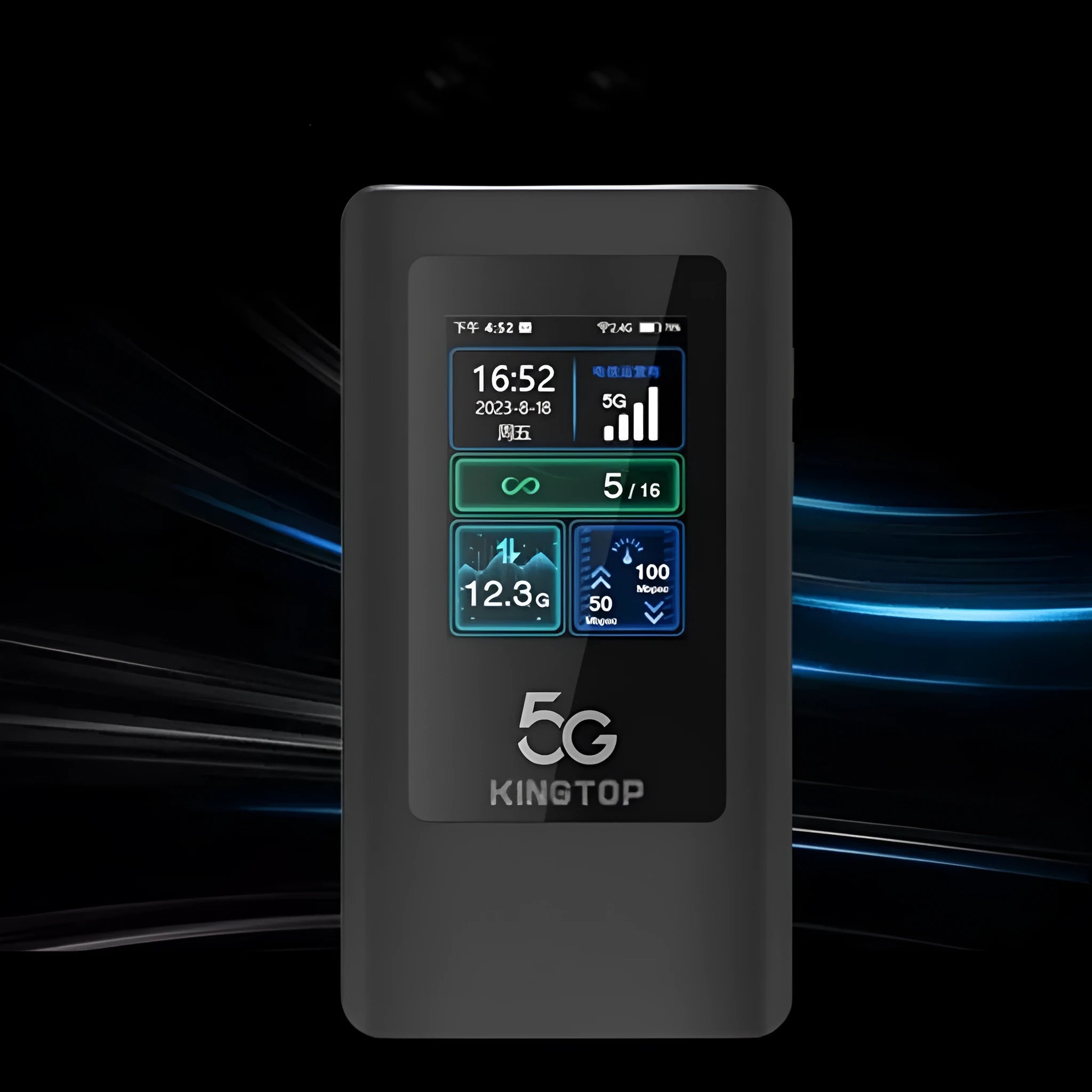 Black portable 5G WiFi router with LCD display showing connection status and USB Type-C port
