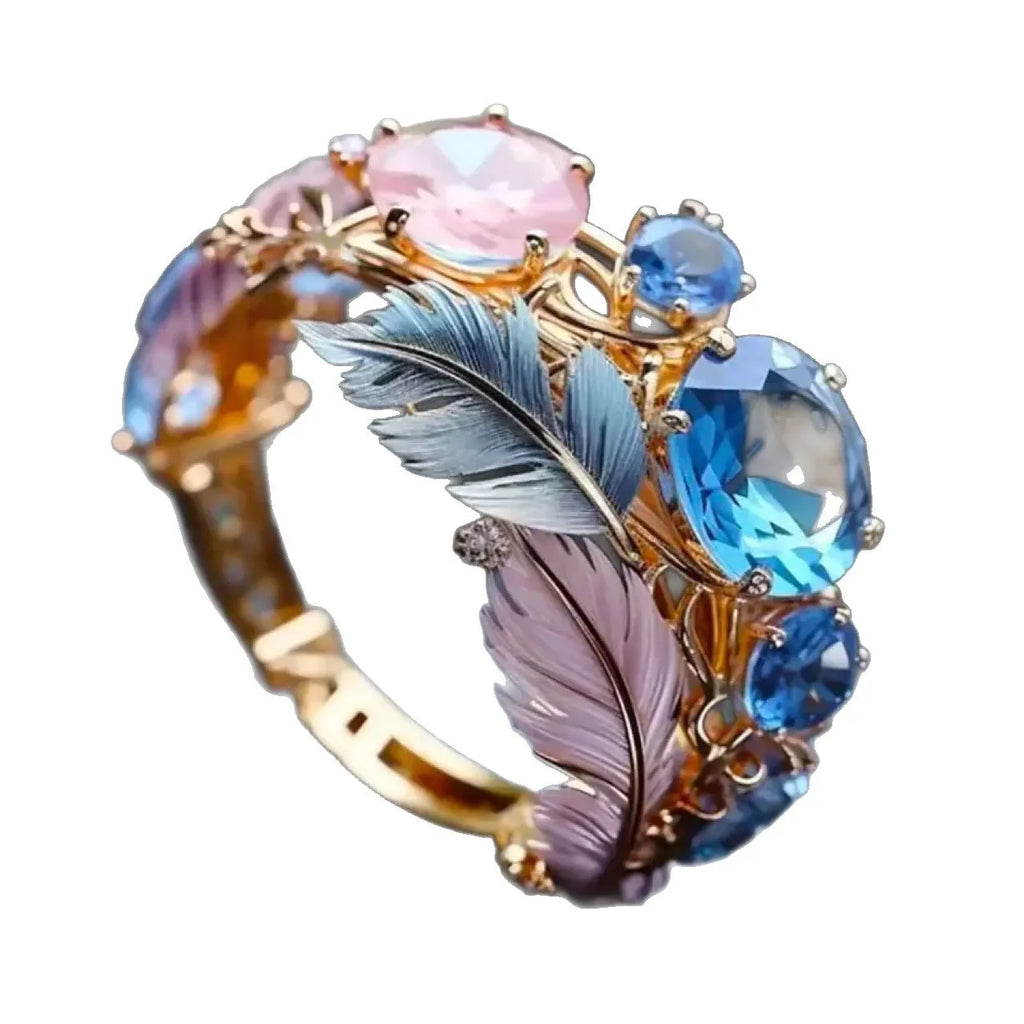 Gold geometric brass zircon ring with embossed colourful feather design