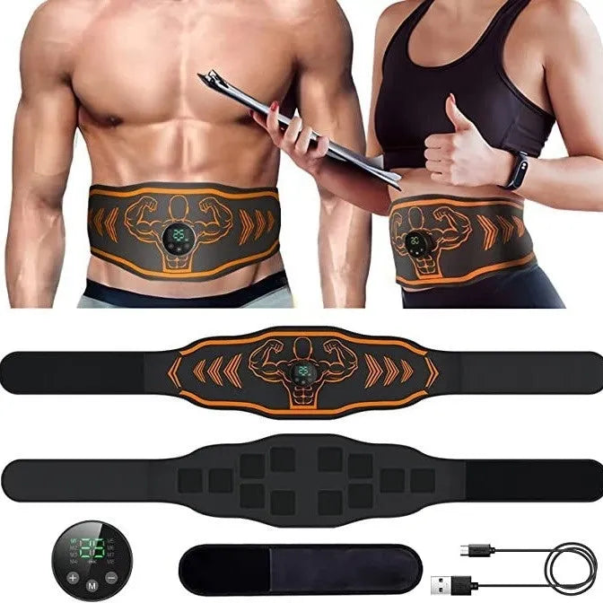 Smart massage belt fitness equipment showing orange and blue options with rechargeable host unit, belt, and arm stickers