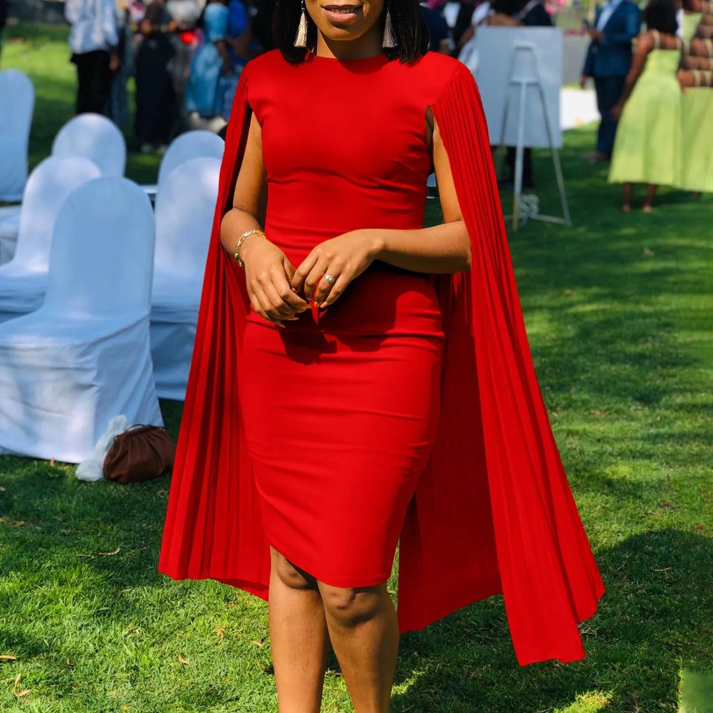 Round neck pleated evening dress with attached shawl in long sleeve high-waist design