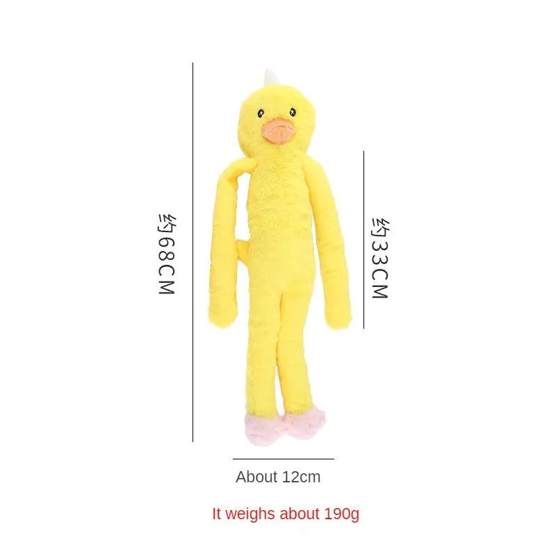 Large pink and yellow plush dog toy with sounding rattle, crinkle paper and chewing texture features