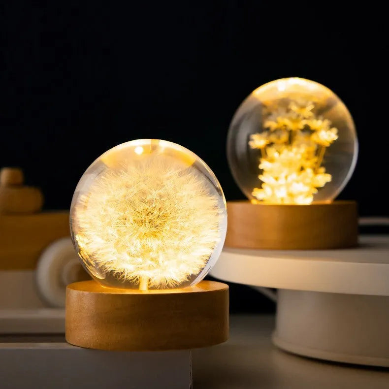 3D dandelion crystal ball USB night light on a beech wood stand base.