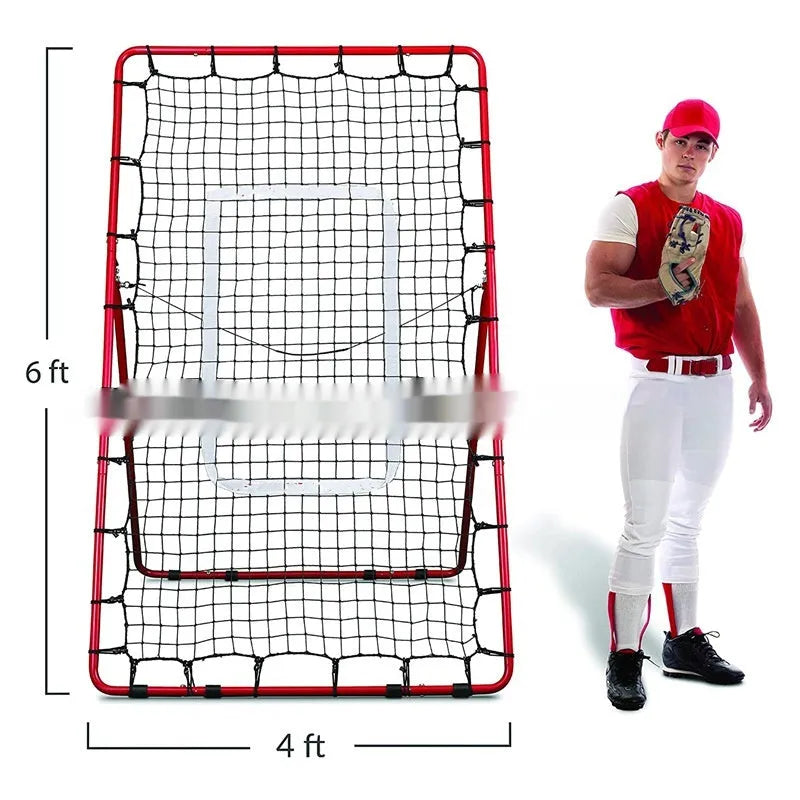 Red 4x6FT adjustable baseball training net with steel frame shown in garden setting