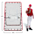 Red 4x6FT adjustable baseball training net with steel frame shown in garden setting