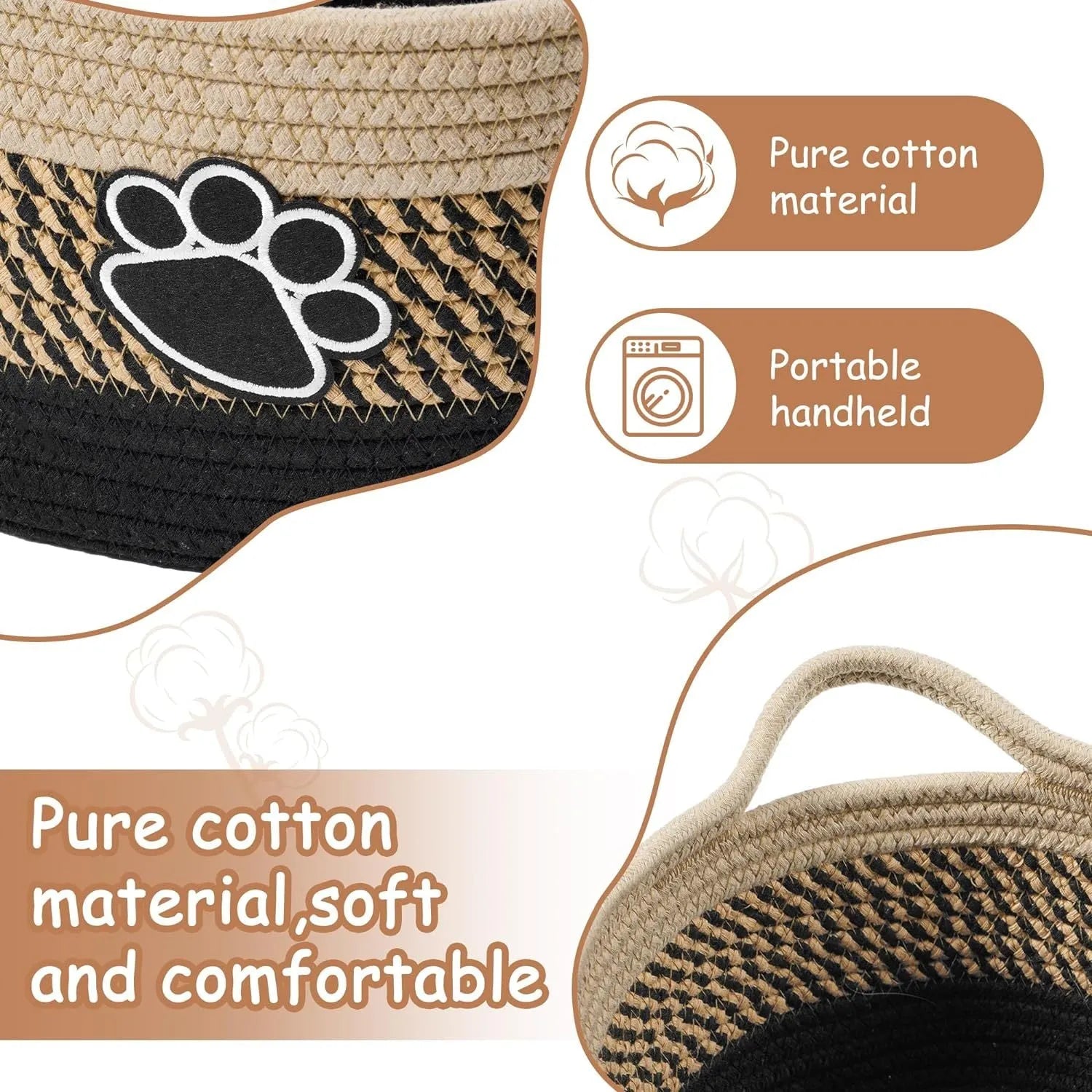 Small light beige hand-woven cotton rope storage basket with a wooden base and a handle.