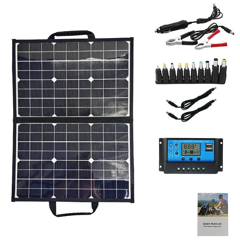 Black 40W monocrystalline solar panel folded inside its portable bag.