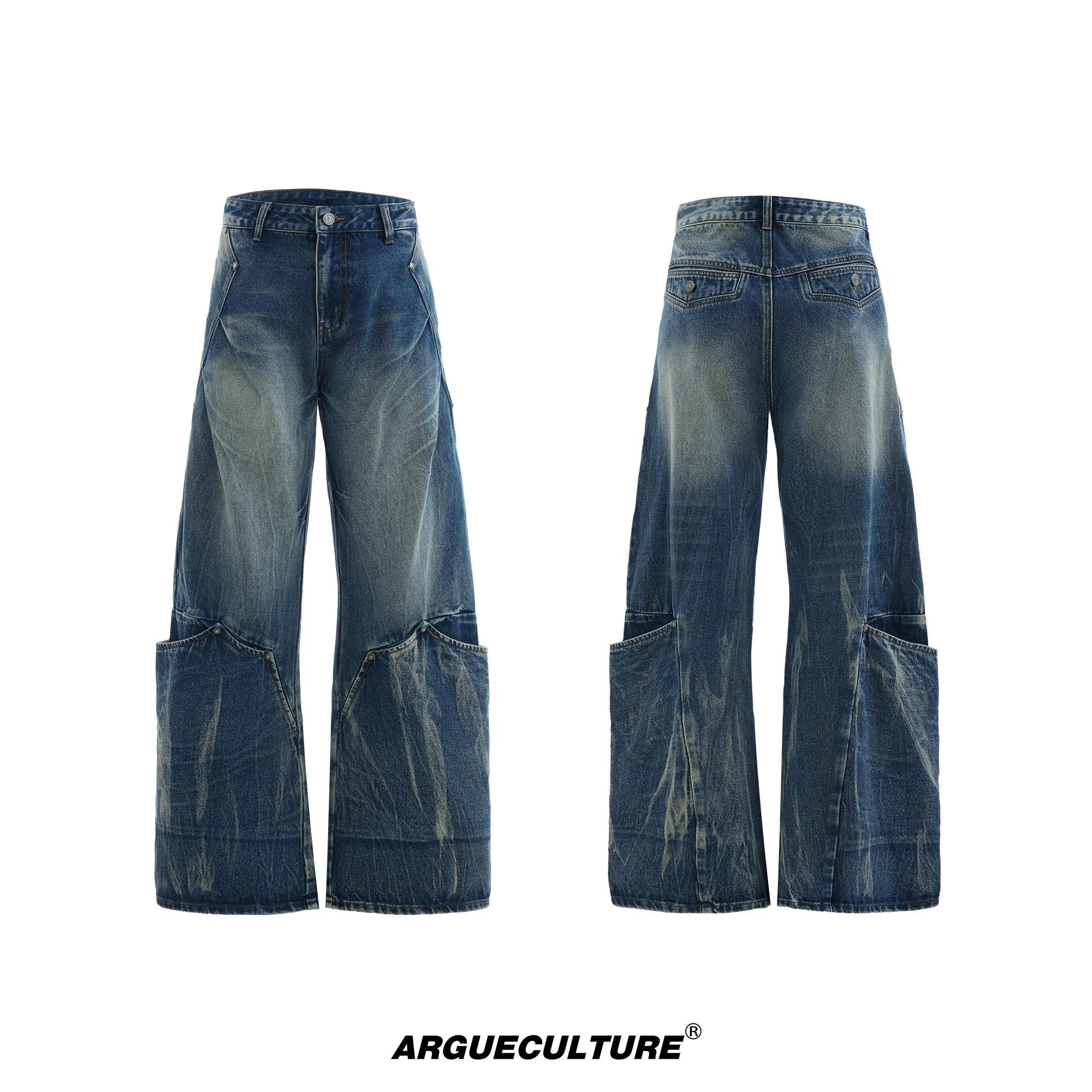 Men's verdant blue loose fit jeans with a retro washed burst pattern and curved knife design details.