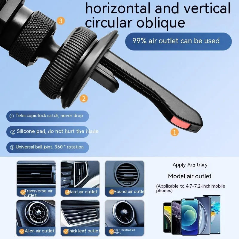 Invisible alloy car air vent mobile phone mount bracket in black colour with snap-on installation