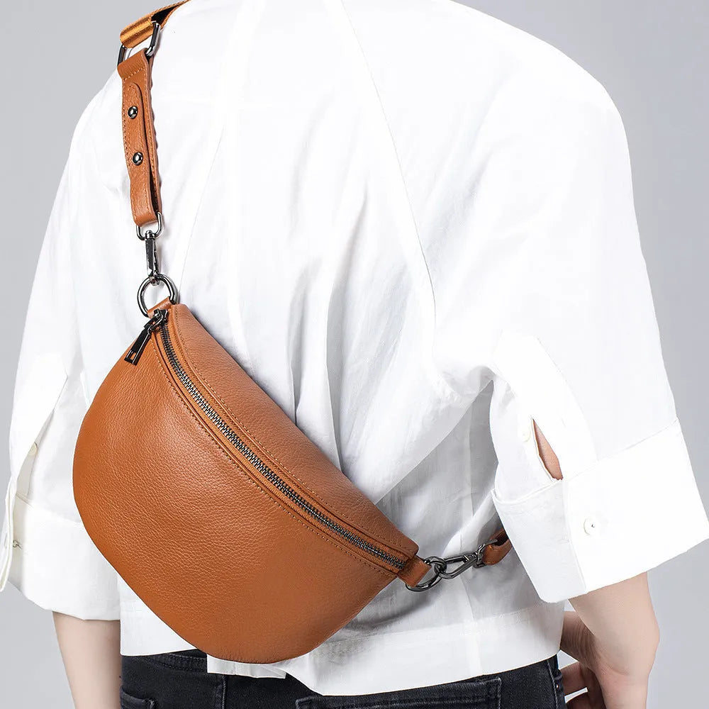 Genuine leather women's messenger bag with sewing thread detail in beige colour