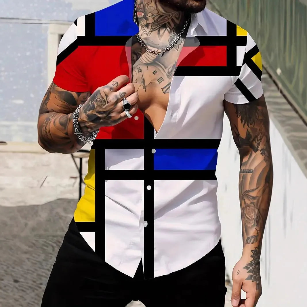 Men's geometric line print lapel collar short sleeve shirt in slim fit for summer casual wear