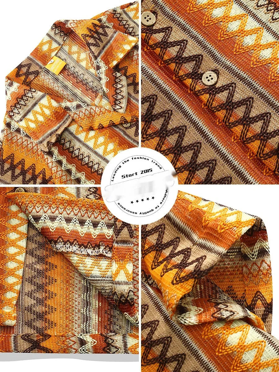 Ethnic style woven Cuban collar shirt in contrast colours with short sleeves and loose fit.