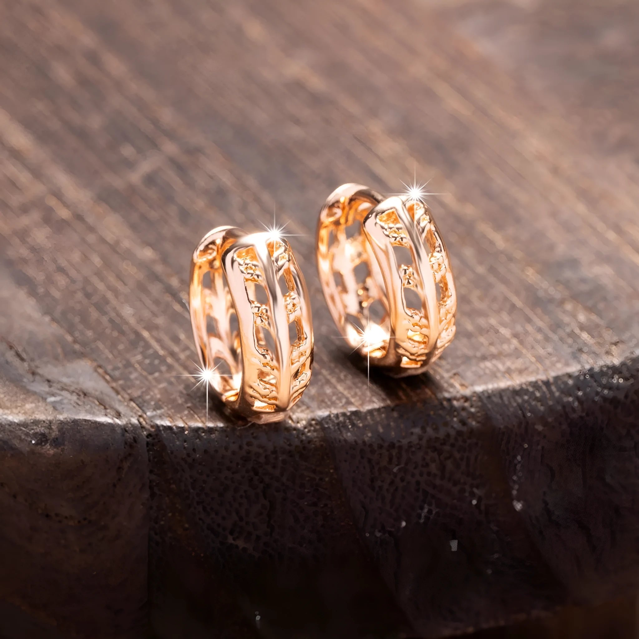 Rose gold leaf-shaped earrings with heart cut-outs, 20mm copper jewellery