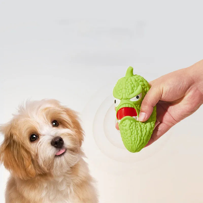 Bitter melon or chili shaped dog chew toy with textured surface for teeth cleaning and pet sound.