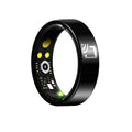 Black ceramic smart ring for health monitoring on a finger, showing heart rate and blood oxygen tracking.