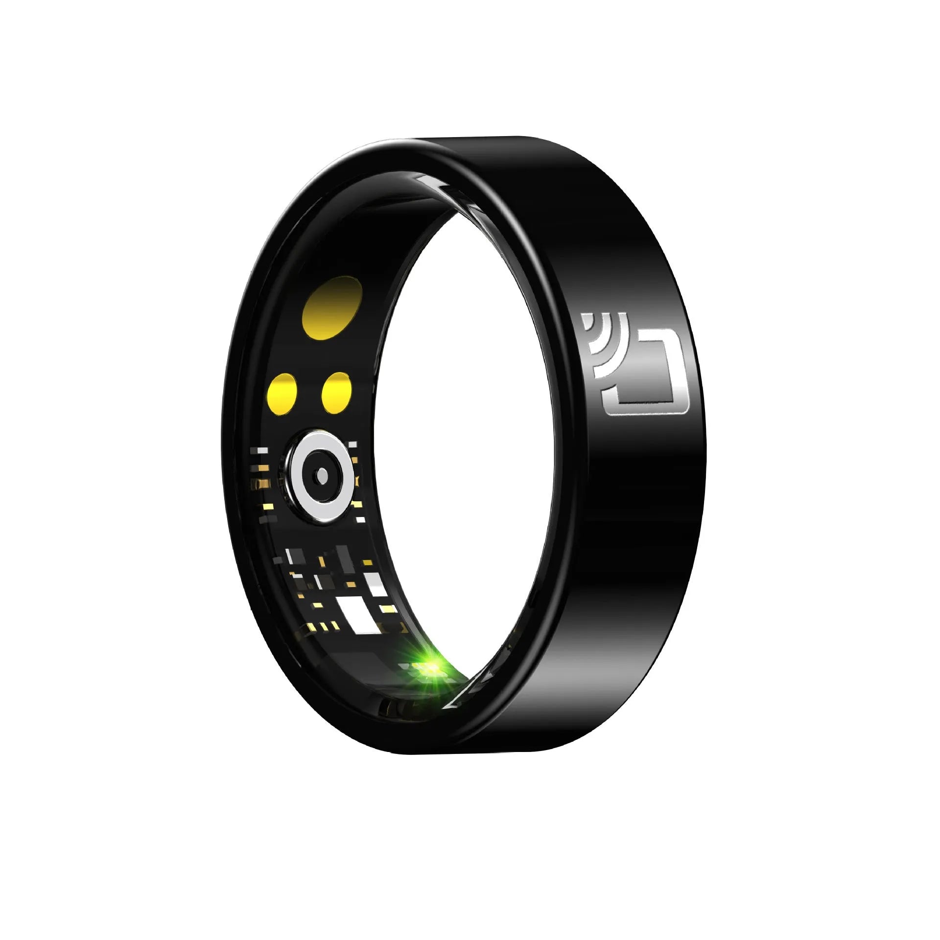 Black ceramic smart ring for health monitoring on a finger, showing heart rate and blood oxygen tracking.