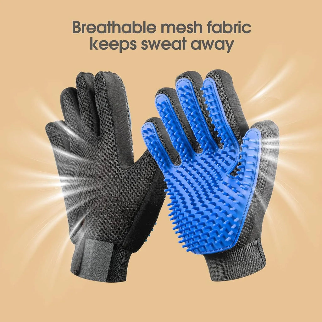 Blue pet grooming gloves with silicone tips for gentle hair removal during brushing and washing