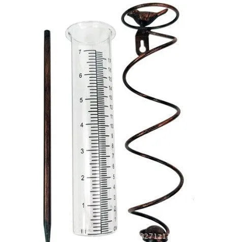 Cast iron stand with glass tube rain gauge featuring bird decoration and 1-20 measurement scale.