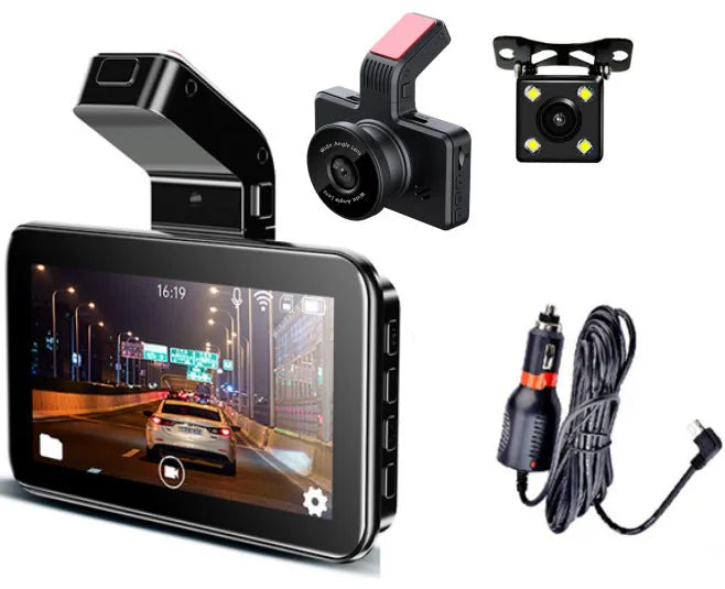 Car dashboard camera with 3-inch screen showing dual lens recording system for front and rear video capture
