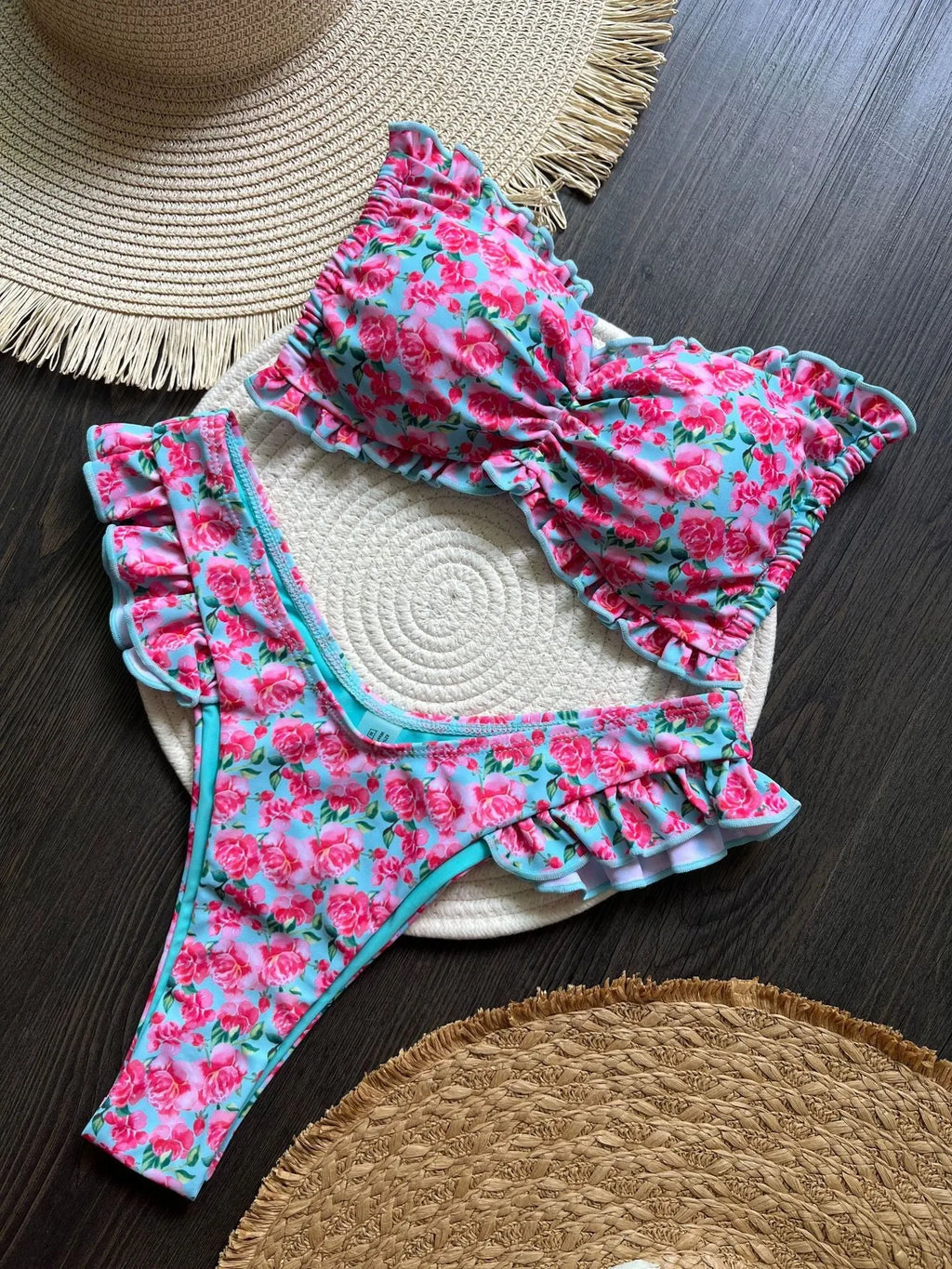 Women's printed low waist lace-up bikini suit in colour P099D with floral pattern