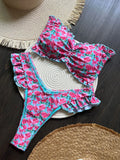 Women's printed low waist lace-up bikini suit in colour P099D with floral pattern