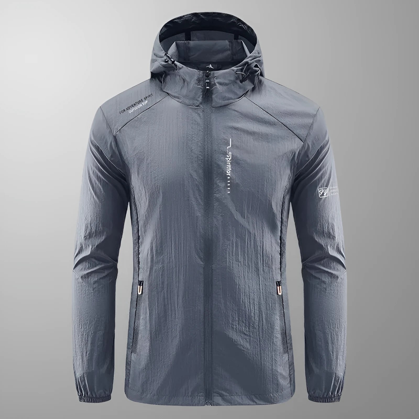 Lightweight men's hooded nylon summer jacket in loose fit on a hanger.