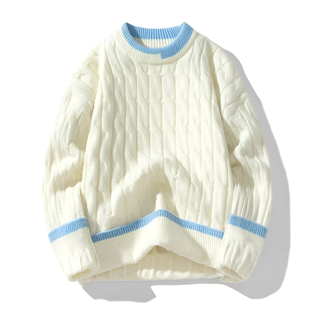 Men's loose fit two piece modal acrylic blend sweater set in light blue on a hanger.