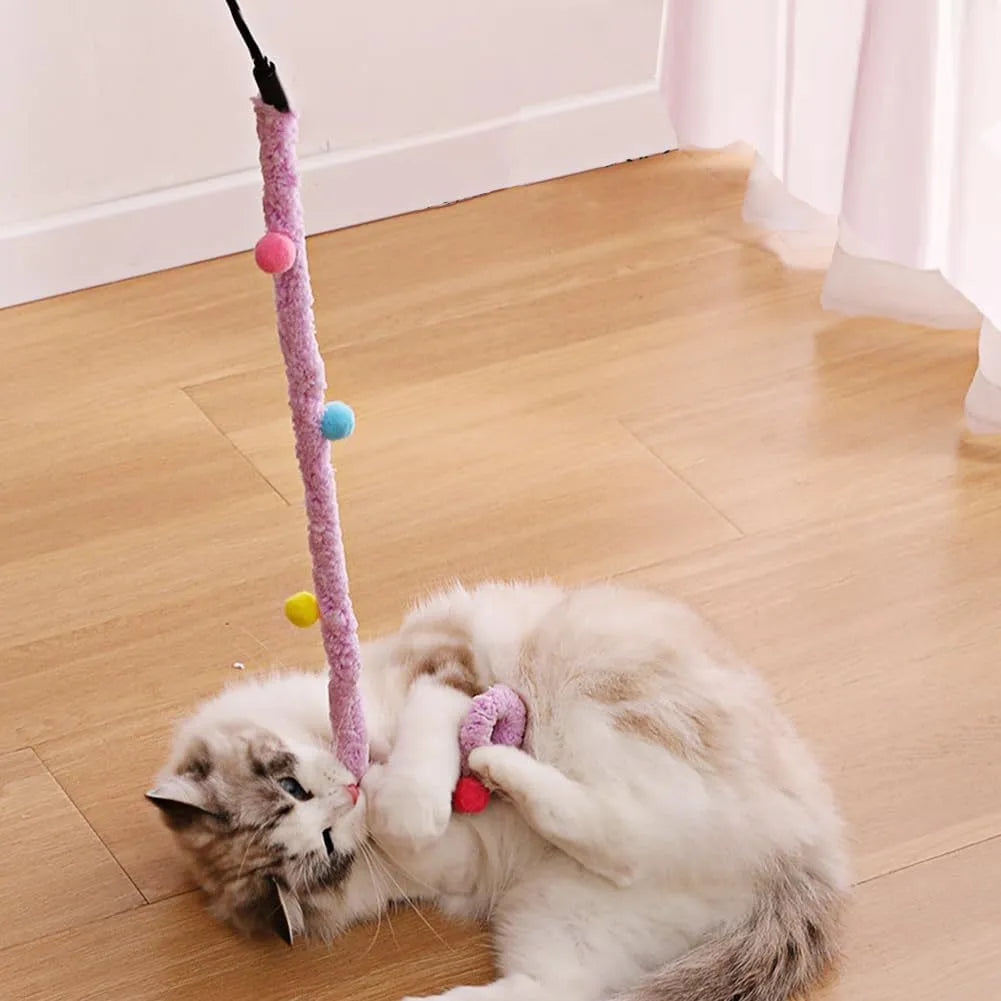 Cat wand toy with long plush strip and colourful ball with bells on 41cm pole