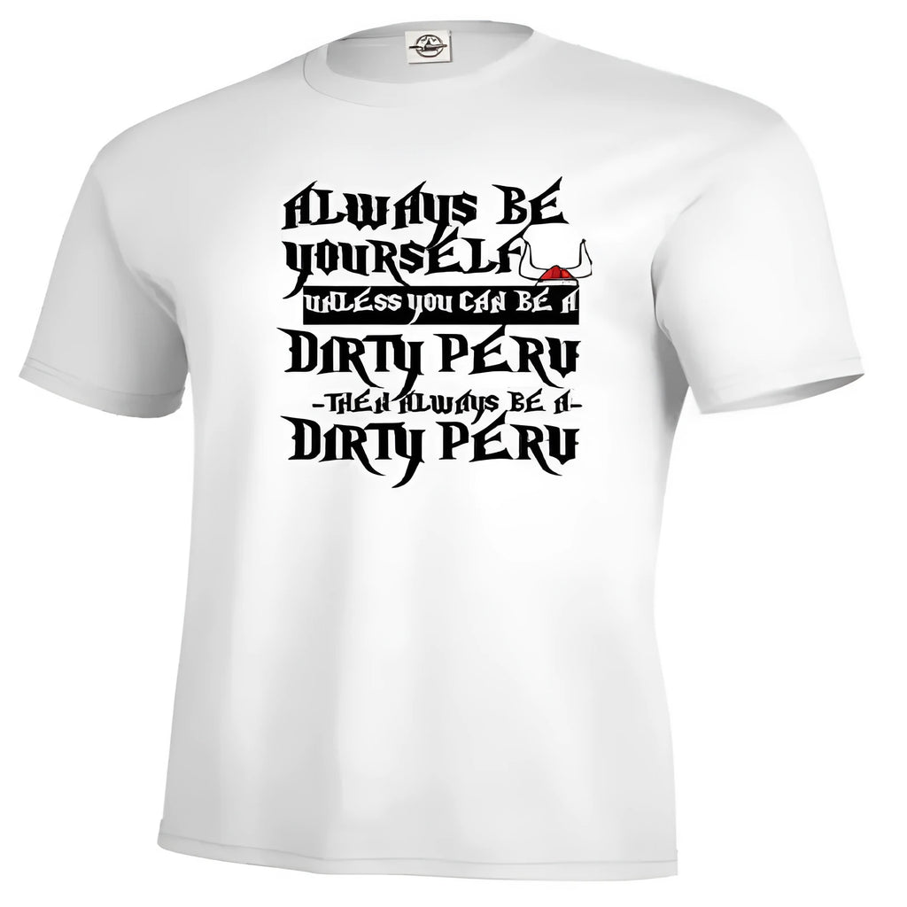 Men's white printed short sleeve polyester T-shirt on hanger