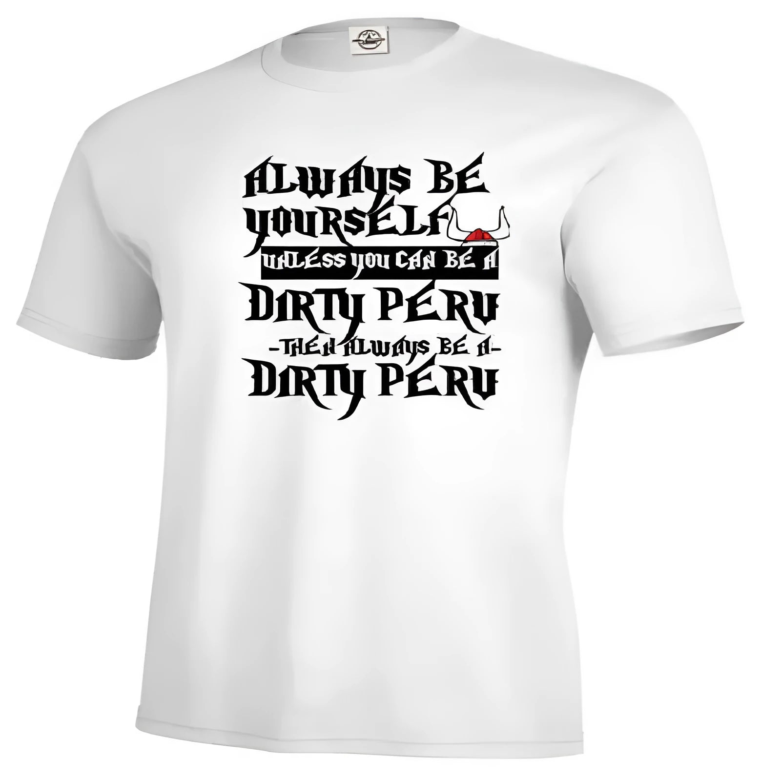 Men's white printed short sleeve polyester T-shirt on hanger