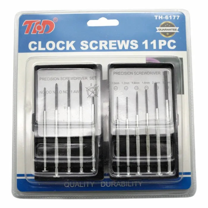 TH-6177 11-piece clock screwdriver set with cross and slotted heads on blue background
