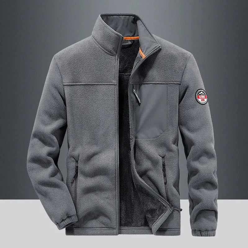 Men's grey thickening spandex fleece cardigan jacket with zipper pockets