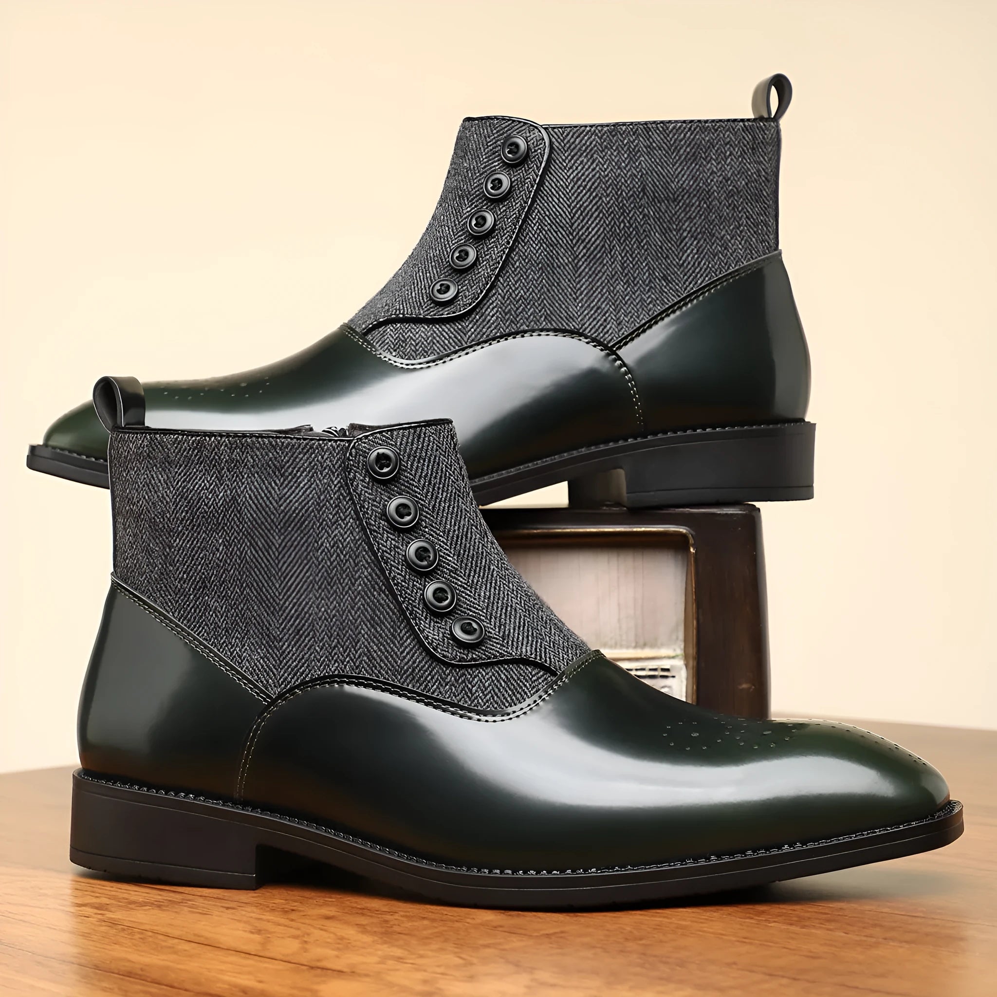 Men's brown retro style formal shoes with side zip and square toe