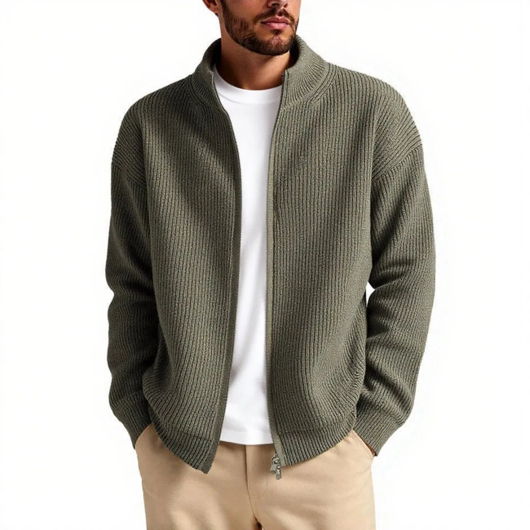 Men's loose fit cardigan sweater in grey, showing front button detail.