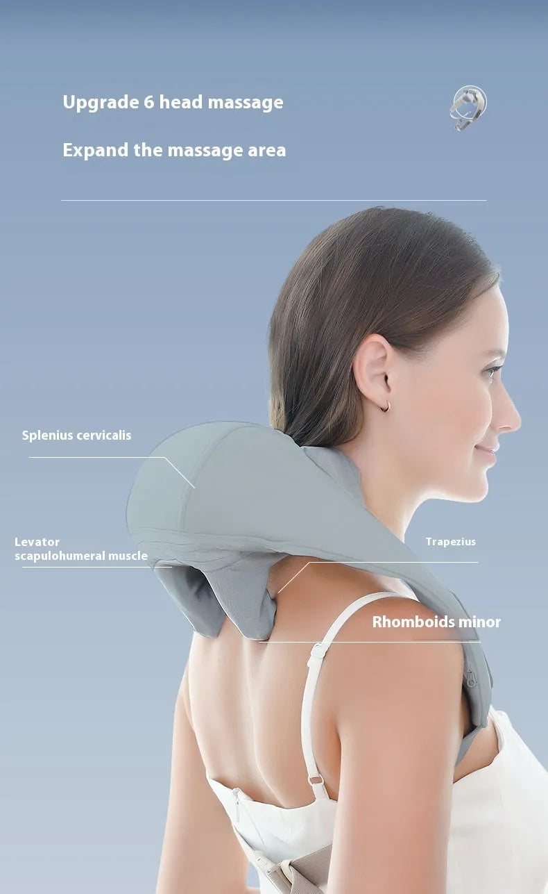 Grey elastic fabric neck massager with USB charging cable showing infrared physiotherapy function