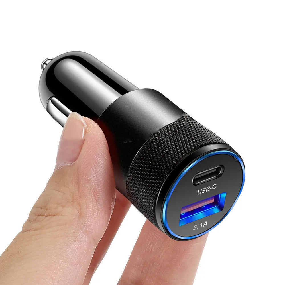 Aluminium alloy mobile phone car charger in black or black silver finish showing 2.5cm x 6cm dimensions