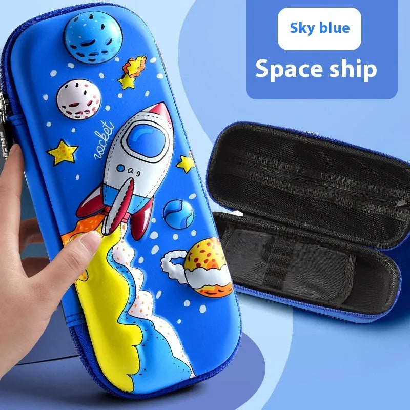 3D leather pencil case with decorative design options including astronauts, dinosaurs and mermaids