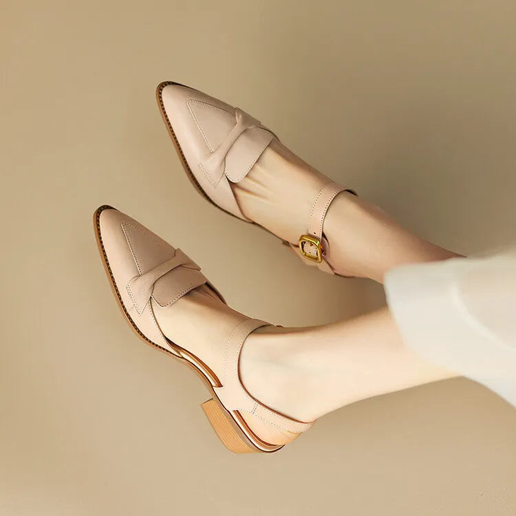 Women's bowknot pointed toe sandals in cowhide leather, available in brown