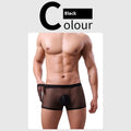 Men's low-waist mesh boxer briefs in thin sheer fabric showing colour options including black, white, green, and sapphire blue
