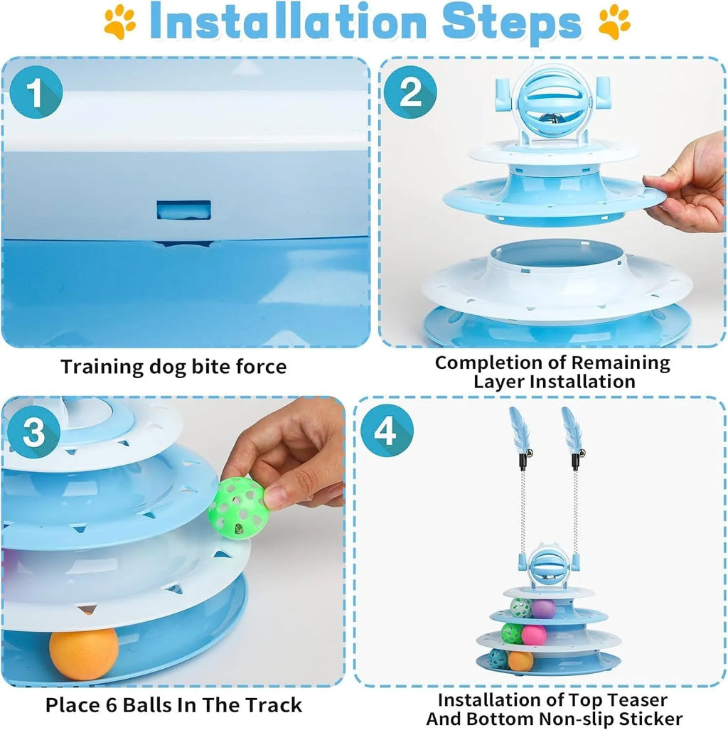 Blue 4-tier interactive cat puzzle toy carousel with six coloured balls and two teasing rods.