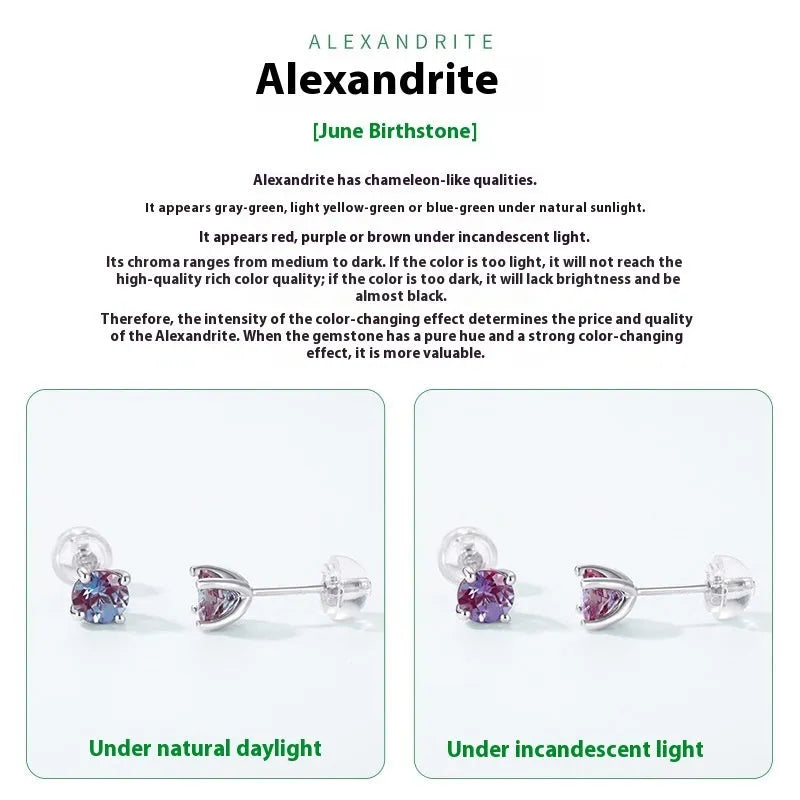 925 sterling silver ear studs with a round cultivate alexandrite stone, geometric simple style.